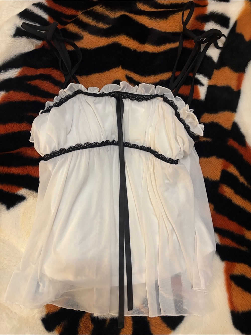 SHEIN White Chiffon Camisole with Black Trim